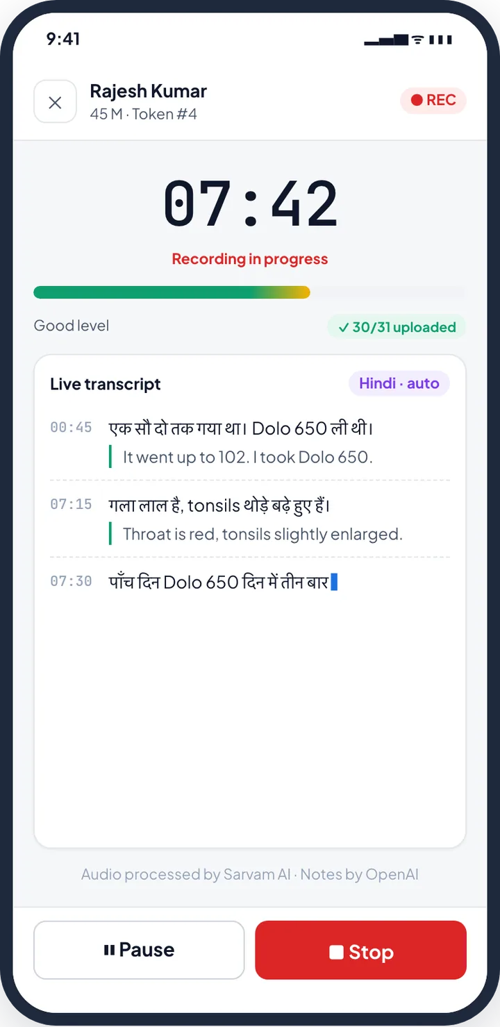 Simplis on a phone recording a consultation, with a live Hindi transcript and English translation