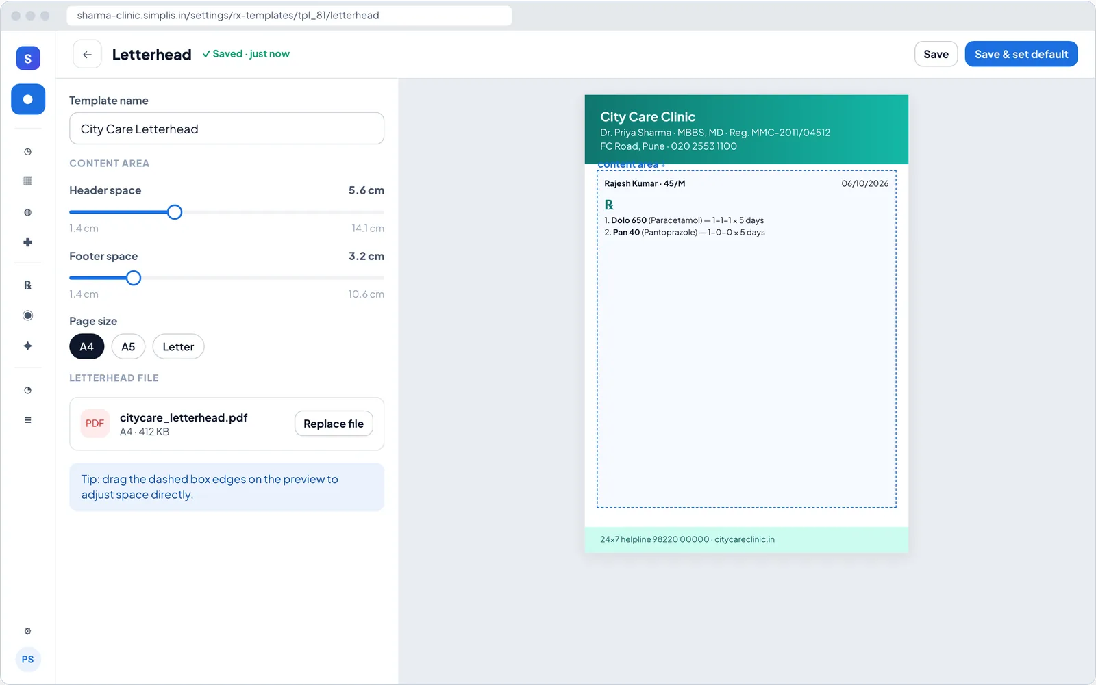 Letterhead setup: upload your clinic letterhead and adjust header and footer space for printed prescriptions